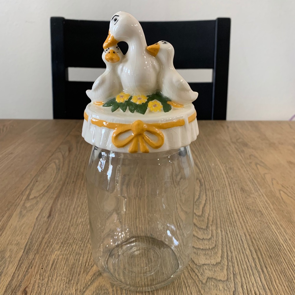 Vintage Glass Storage Jar Ceramic Duck Family Lid Yellow Cottage Farmhouse